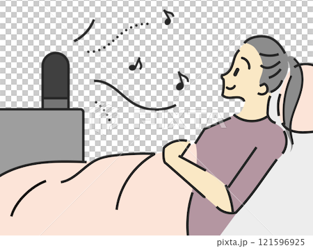 Woman lying down listening to music 121596925