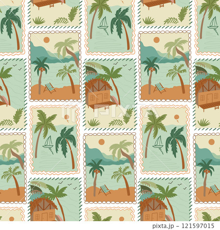 Scenic summer vacation seamless pattern. Tropical beach landscape vector background. Travel stamps. Scenic summer vacation seamless pattern. Tropical beach landscape vector background. Travel stamps. 121597015