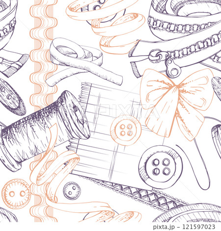 Fabric pieces, thread ribbon bobbins, bow tie buttons lace. Hand drawn ink vector illustration sewing craft supplies. Seamless pattern isolated on white background. Design atelier, tailor, hobby shop 121597023