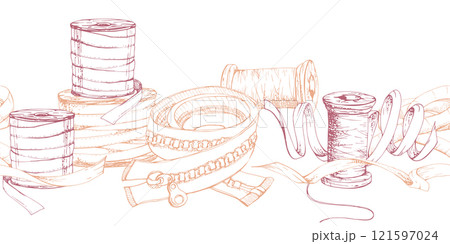 Hand drawn ink vector illustration sewing craft supplies. Ribbon thread bobbin clothing zipper serpentine, red beige. Seamless banner isolated on white background. Design atelier, tailor, hobby shop 121597024