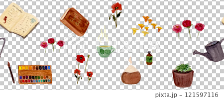 Favorite things: a book, essential oil diffuser, tea, plants, flowers and a diary seamless border. Isolated on white. Watercolor sketch illustrations great for tote bag, poster, card, notebook design Favorite things: a book, essential oil diffuser, tea, plants, flowers and a diary seamless border. Isolated on white. Watercolor sketch illustrations great for tote bag, poster, card, notebook design 121597116