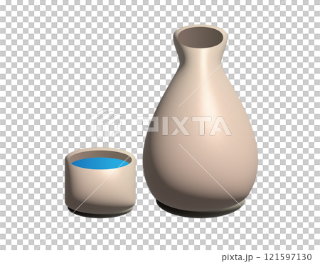 3D Japanese traditional alcoholic drink sake cup and bottle set 121597130