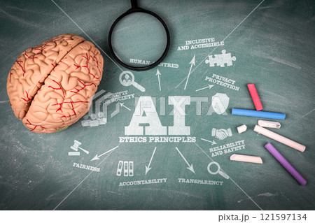 AI Ethics Principles. Illustration with icons, keywords and arrows 121597134