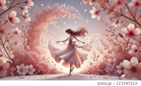 桜吹雪の中で舞い踊る女の子 121597222