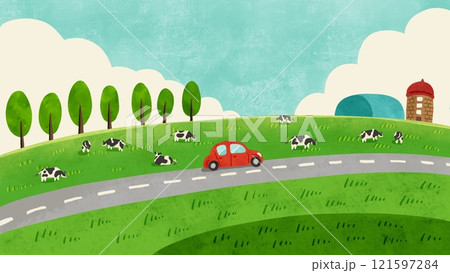 乳牛とサイロの風景 ドライブする赤い車 水彩風手描きイラスト 乳牛とサイロの風景 ドライブする赤い車 水彩風手描きイラスト 121597284