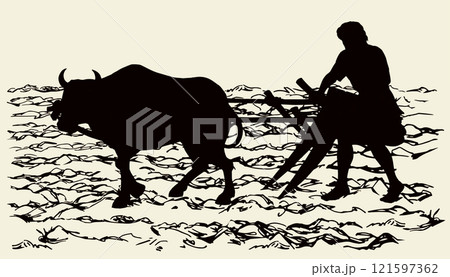 Vector drawing. Old wooden plow Vector drawing. Old wooden plow 121597362