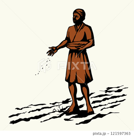 Vector drawing. A man sowing wheat Vector drawing. A man sowing wheat 121597363