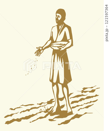 Vector drawing. A man sowing wheat 121597364