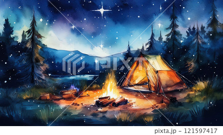 星が瞬く夜の森でキャンプをしている風景のイラスト素材 [121597417