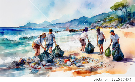 海岸でゴミ拾いをする人たち 海岸でゴミ拾いをする人たち 121597474
