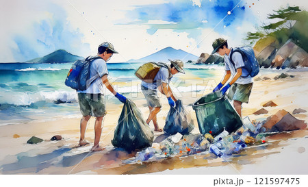 海岸でゴミ拾いをする人たち 海岸でゴミ拾いをする人たち 121597475