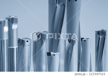 Close up  scene the hole making tool for CNC machine in the light blue scene. 121597522