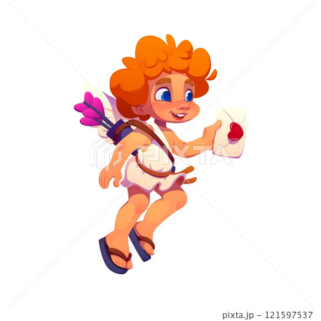 Cartoon cheerful valentine cherub and angel character with orange curls, white wings and a quiver of arrows, holding a love letter sealed with a heart, symbolizes love message, magic, romance and joy Cartoon cheerful valentine cherub and angel character with orange curls, white wings and a quiver of arrows, holding a love letter sealed with a heart, symbolizes love message, magic, romance and joy 121597537