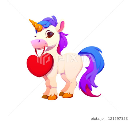 Cute cartoon unicorn character with a rainbow mane and tail holds a red heart in its mouth, symbolizing love and kindness for valentine day holiday. Vector sweet and cheerful magical fantasy personage 121597538