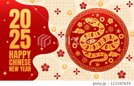 Happy Chinese lunar new year banner with golden snake and Asian flowers. Vector Cny 2025 greeting card with gold reptile snake inside red circular emblem, surrounded by floral motifs, clouds and coins Happy Chinese lunar new year banner with golden snake and Asian flowers. Vector Cny 2025 greeting card with gold reptile snake inside red circular emblem, surrounded by floral motifs, clouds and coins 121597634