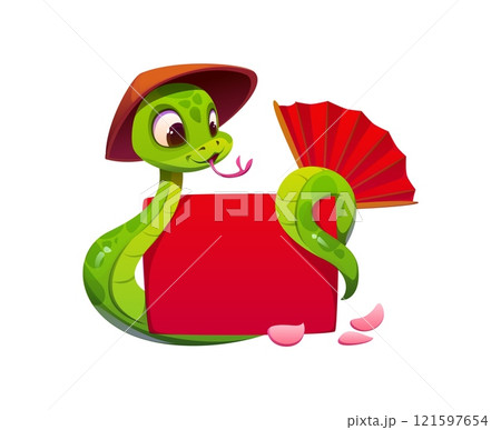 Green cartoon snake character wearing traditional conical Chinese hat, with a red fan and petals, coiling around a red square banner, conveys festivity and joy for lunar new year or celebrations 2025 Green cartoon snake character wearing traditional conical Chinese hat, with a red fan and petals, coiling around a red square banner, conveys festivity and joy for lunar new year or celebrations 2025 121597654