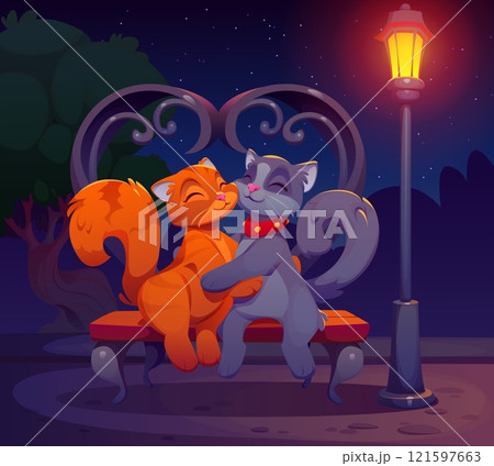 Valentine day cats couple. Cartoon vector romantic feline animals cuddling on a park bench under a glowing streetlamp at night. Orange and gray cats display love, affection, companionship, and romance Valentine day cats couple. Cartoon vector romantic feline animals cuddling on a park bench under a glowing streetlamp at night. Orange and gray cats display love, affection, companionship, and romance 121597663
