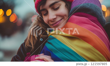 Embracing love and acceptance during a vibrant celebration in the city at dusk 121597805