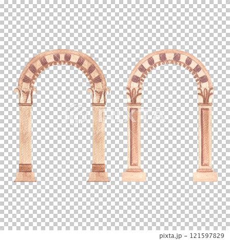 Stone greek ancient classic arch isolated on white background. High quality architecture watercolor illustration for cards, posters, stickers, decor and design. Decorative residence image in beige Stone greek ancient classic arch isolated on white background. High quality architecture watercolor illustration for cards, posters, stickers, decor and design. Decorative residence image in beige 121597829