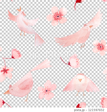 Sakura flowers and birds in different poses, monochromatic hand painted watercolor seamless border isolated on white. High quality pink art perfect for children design, wrapping paper, women textile 121597832