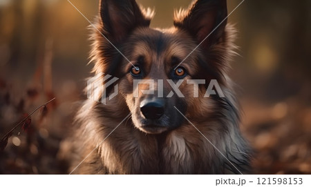 Close up brown black Old German Shepherd Dog stand, stare and look at the camera, dog guarding, playing in the nature. Close up brown black Old German Shepherd Dog stand, stare and look at the camera, dog guarding, playing in the nature. 121598153