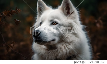 Close up of white Siberian Husky dog looking at something, nature background. 121598167