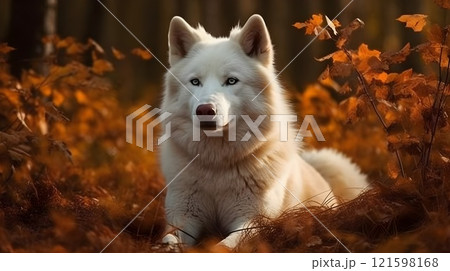 Close up of white Siberian Husky dog sit, relax and pose in the bush, looking at something, nature background. 121598168