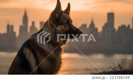 Brown black Old German Shepherd Dog sit, stare and look at something, city background in the evening sunset. 121598194