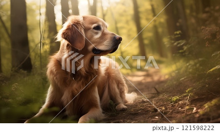 Brown Nova Scotia Duck Tolling Retriver dog sitting, relax and playing in the woods. 121598222