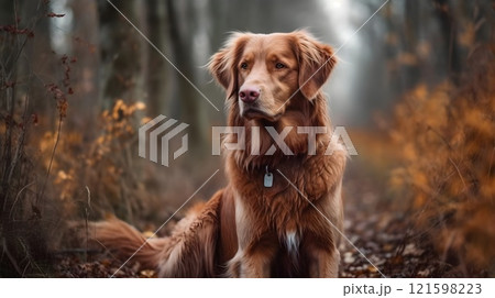 Brown Nova Scotia Duck Tolling Retriver dog sitting, relax and playing in the woods. 121598223