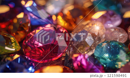 Pile of colorful gems, close-up view. Colorful gemstones background. 121598491