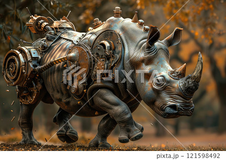 Steampunk hippo robot running machine of the future. 121598492