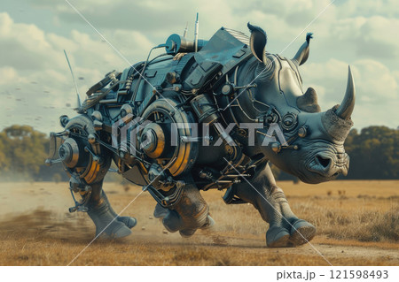 Steampunk mechanized wild rhinoceros. Steampunk hippo robot running machine of the future. 121598493