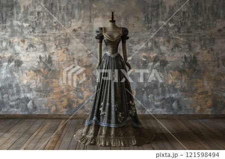 Vintage dress on a mannequin at empty old room with concrete walls and wooden floor. Copy space. 121598494