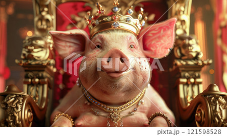 A pig sitting elegantly on a royal throne. 121598528