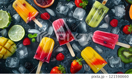 Ice cream popsicles on a stone background with ice cubes, fruits and berries. Flat lay. Ice cream popsicles on a stone background with ice cubes, fruits and berries. Flat lay. 121598660