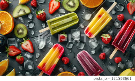 Ice cream popsicles on a stone background with ice cubes, fruits and berries. 121598661