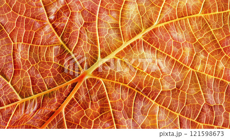 Texture of a beautiful, autumn leaf close-up in a red color. 121598673