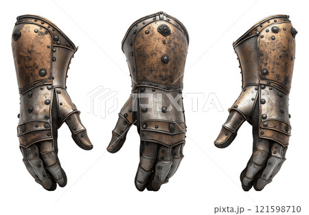 Antique metal knight gloves displayed on transparent background showcasing craftsmanship and historical significance 121598710