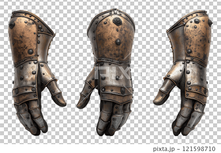 Antique metal knight gloves displayed on transparent background showcasing craftsmanship and historical significance 121598710