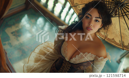 Plus-size model poses gracefully in a Victorian setting with an elegant parasol indoors 121598714