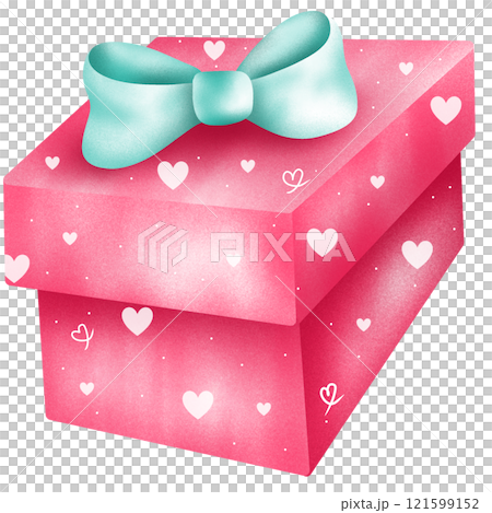 pink gift box with a green ribbon bow 121599152