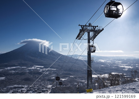 ニセコ東急 グラン・ヒラフ・ゲレンデのスーパーコースからエースゴンドラと羊蹄山を望む 121599169