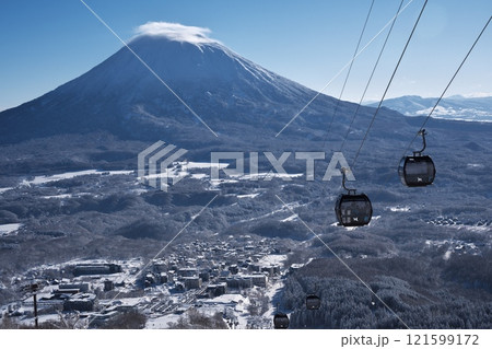 ニセコ東急 グラン・ヒラフ・ゲレンデのスーパーコースからエースゴンドラと羊蹄山を望む ニセコ東急 グラン・ヒラフ・ゲレンデのスーパーコースからエースゴンドラと羊蹄山を望む 121599172