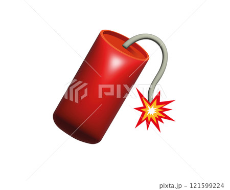 Red tube firecracker icon with burning fuse and firework fire, as lit on Chinese New Year, New Year's Eve or Independence Day 121599224