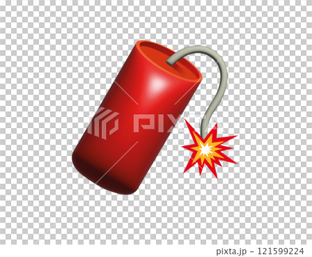 Red tube firecracker icon with burning fuse and firework fire, as lit on Chinese New Year, New Year's Eve or Independence Day 121599224