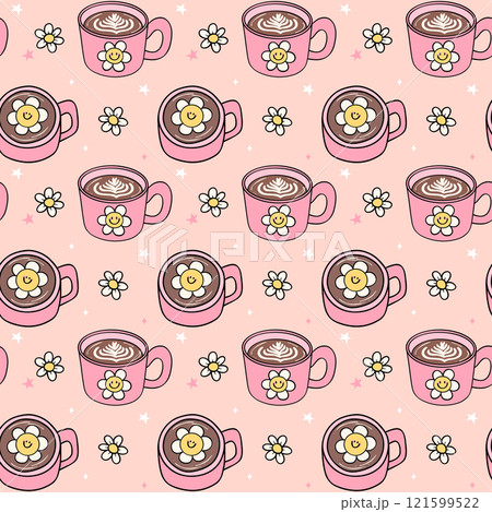 Cute Groovy Retro Coffee Cup Latte Seamless Pattern Isolated on Background 121599522