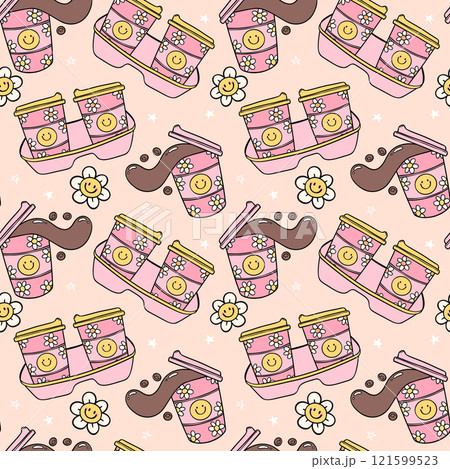 Cute Groovy Retro Coffee Cup Take Away Seamless Pattern Isolated on Background Cute Groovy Retro Coffee Cup Take Away Seamless Pattern Isolated on Background 121599523
