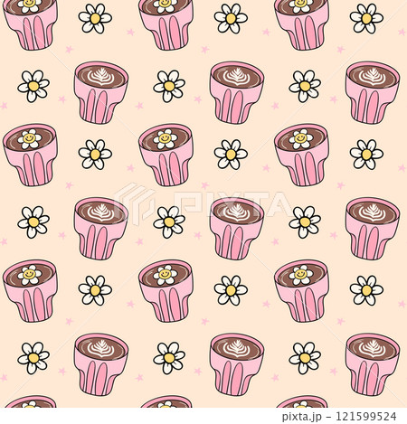 Cute Groovy Retro Coffee cups Latte Seamless Pattern Isolated on Background Cute Groovy Retro Coffee cups Latte Seamless Pattern Isolated on Background 121599524