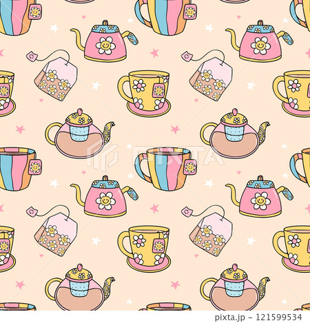 Cute Groovy Retro Tea cup and pot Seamless Pattern Isolated on Background 121599534